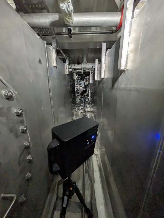 3D camera at the end of a narrow corridor on the superyacht under construction